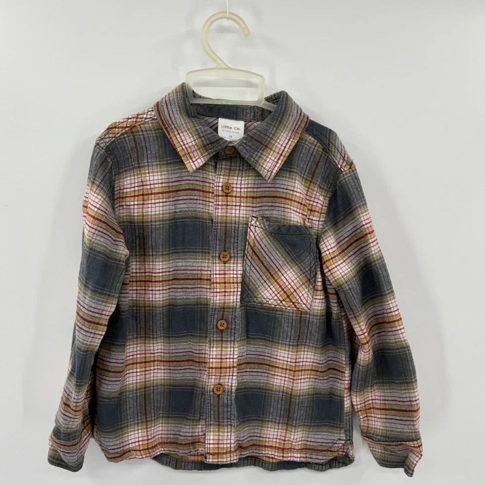 Little Co. Flannel Shirt Kids 5T Grey Multi Plaid Organic Cotton Button Down LC